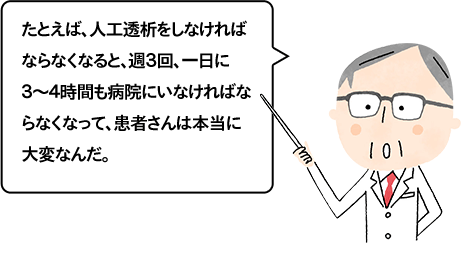 たとえば、人工透析をしなければならなくなると、週３回、一日に３～４時間も病院にいなければならなくなって、患者さんは本当に大変なんだ。