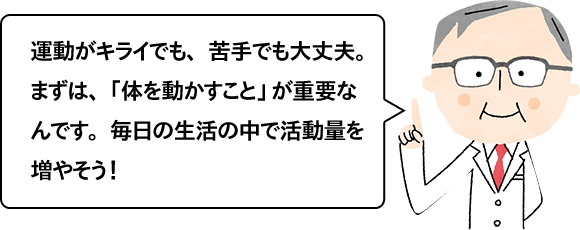 運動がキライでも、苦手でも大丈夫。まずは、「体を動かすこと」が重要なんです。毎日の生活の中で活動量を増やそう！